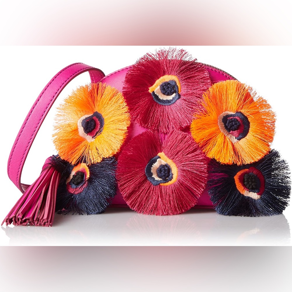 Loeffler Randall Pink Crossbody with Multicolor Fringe Flowers